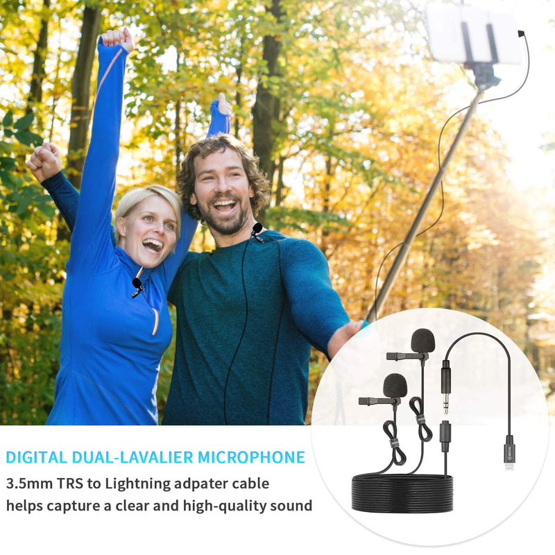  [AUSTRALIA] - BOYA Dual Lavalier Lightning Microphone for iOS iPhone 11 Vlog, 20 ft/6m BY-M2D Dual-Head Lapel Universal Mic with Lightning Plug Adapter for iPhone 11 10 X 8 7 MAC YouTube Video Facebook Live