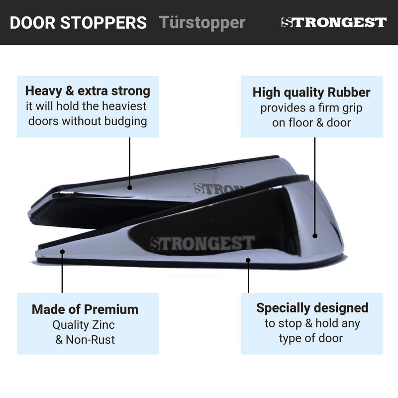  [AUSTRALIA] - Strongest Door Stopper, Heavy Duty Door Stop Wedge Made of Premium Quality Zinc and Rubber Suits Any Door, Any Floor. Set of 2 Plus Bonus Self Adhesive Wall Protectors Black Silver 2 Pack