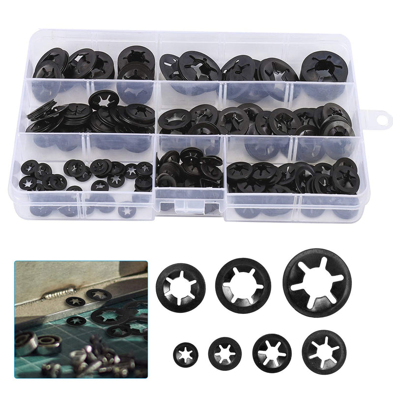  [AUSTRALIA] - HanTof 7 Sizes 320PCS Internal Tooth Starlock Washers,Quick Speed Locking Washers, Push On Retainers Clips,Push On Nut Fasteners Assortment Kit for Shaft and Stud,65Mn Spring Steel,Black Oxide Finish