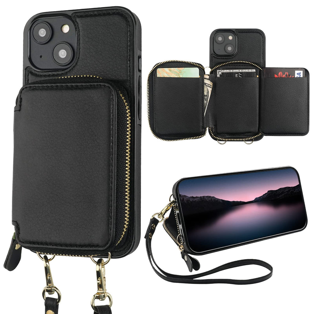  [AUSTRALIA] - Bocasal RFID Blocking Wallet Case for iPhone 14, Adjustable Crossbody Zipper Purse Case Card Holder with Kickstand Detachable Wrist Strap, PU Leather Flip Folio Case 6.1 Inch 5G (Black) Black