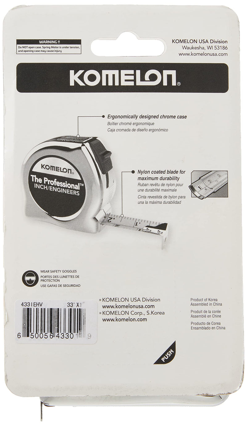 Komelon 433IEHV High-Visibility Professional Tape Measure both Inch and Engineer Scale Printed 33-feet by 1-Inch, Chrome 33 FT - LeoForward Australia