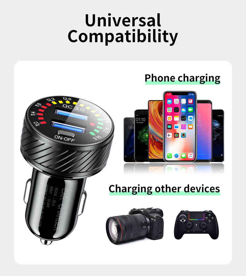  [AUSTRALIA] - KEWIG USB Car Charger, Dual QC3.0 Port Fast Car Charger Adapter, 36W/3A Quick Charge Car Phone Charger with Colorful Voltmeter & ON/Off Switch Fit for iPhone 12/11 Pro/Max/8, Galaxy S21/20/10/9