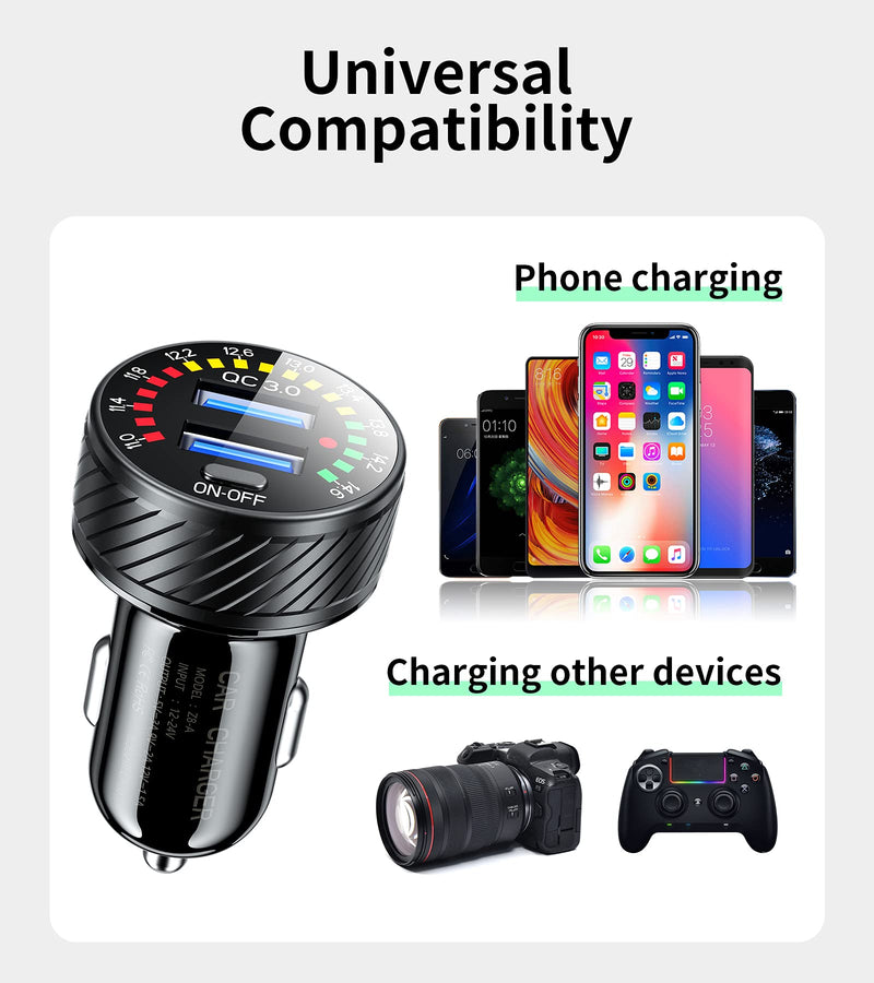  [AUSTRALIA] - KEWIG Car Charger, 36W Fast Car Charger Adapter, Dual USB Car Charger Fast Charge with Colorful Voltmeter & ON/Off Switch