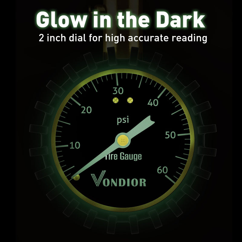 Vondior Tire Pressure Gauge - (0-60 PSI) Heavy Duty, Certified ANSI Accurate with Large 2 Inch Easy to Read Glow Dial, Low - High Air Pressure Gauge. Tire Gauge for Car and Trucks Tires 60PSI - LeoForward Australia
