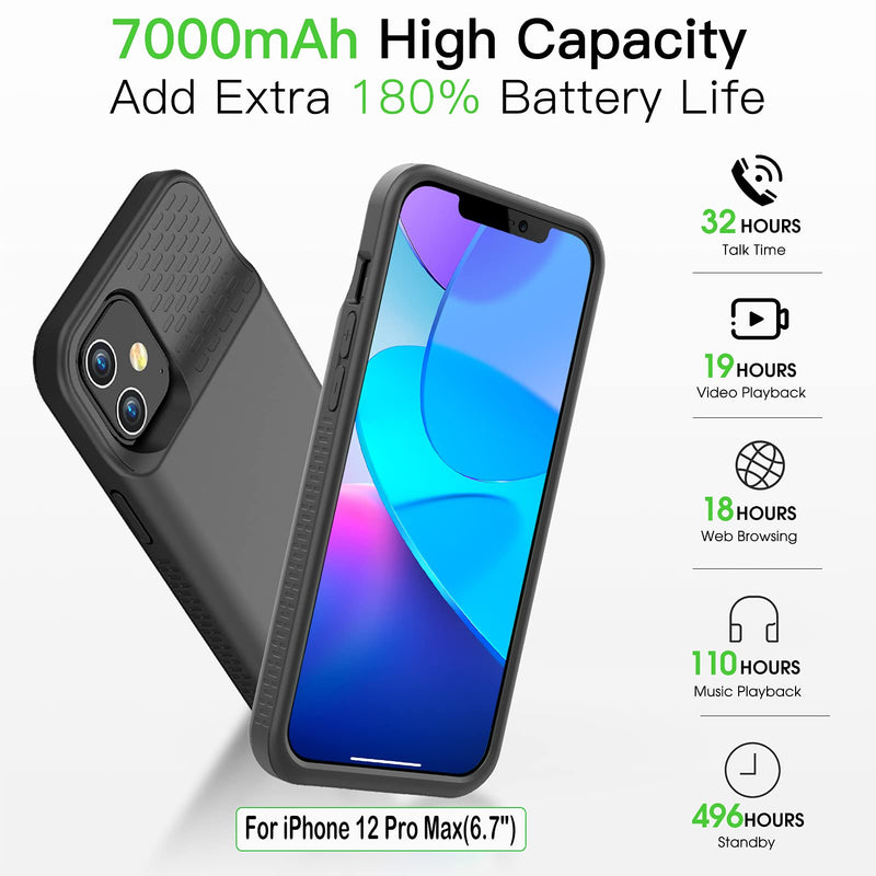  [AUSTRALIA] - GIN FOXI Battery Case for iPhone 12 Pro Max, Real 7000mAh Ultra-Slim Battery Charging Case Rechargeable Anti-Fall Protection Extended Charger Cover for iPhone 12 Pro Max Battery Case(6.7 inch) Black