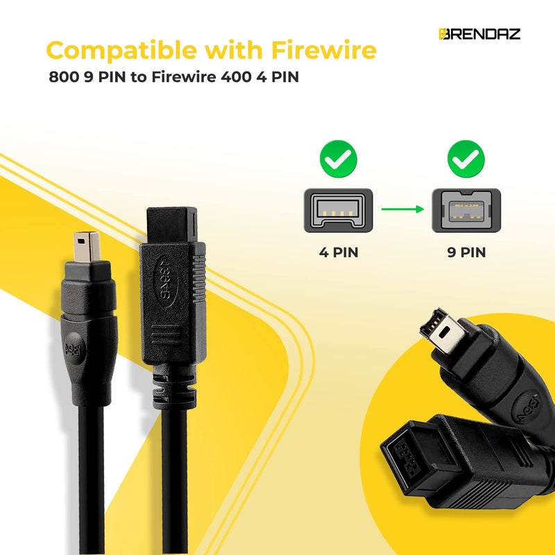  [AUSTRALIA] - BRENDAZ - Ultra Speed FireWire Cable – Premium Quality 9-pin Male to 4-pin Male DV Cable Works with Cameras, Laptop, MacBooks Pro, Camcorders, etc. – 800Mbps (6-Feet) 6-Feet