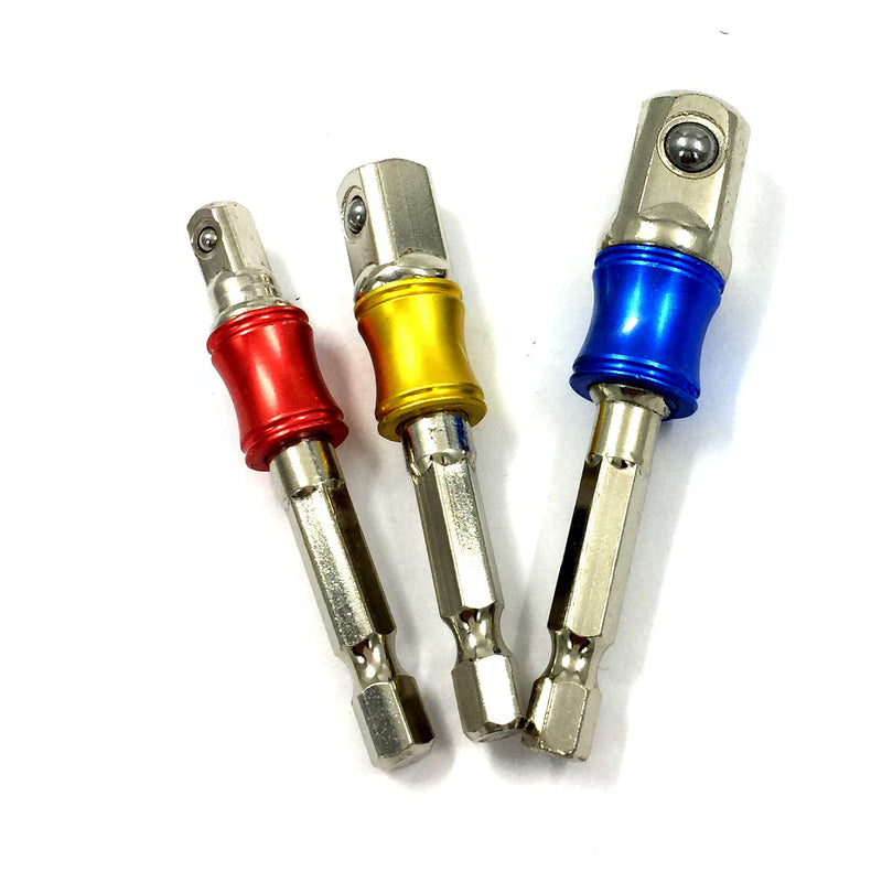  [AUSTRALIA] - PANOVOS 3pcs Impact Grade Socket Adapter/Extension Set Turns Power Drill Into High Speed Nut Driver,1/4-Inch Hex Shank to Drive for Adapters to Use with Drill Chucks, Sizes 1/4" 3/8" 1/2", Cr-V Standard or Quick Connect Chuck-Colour