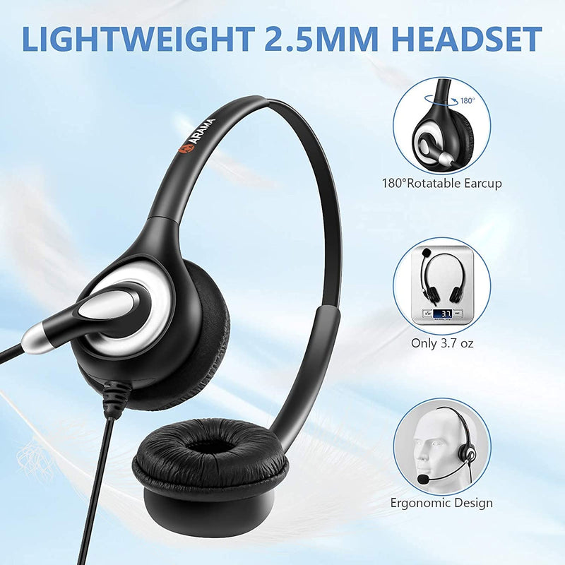  [AUSTRALIA] - Phone Headset 2.5mm with Noise Canceling Mic & Mute Switch Ultra Comfort Telephone Headset for Panasonic AT&T Vtech Uniden Cisco Grandstream Polycom Cordless Office Phones Binaural-A600