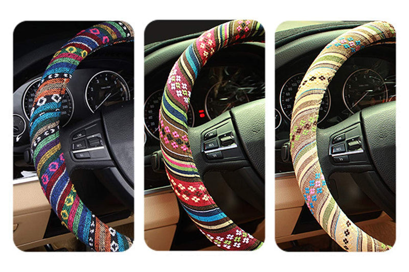  [AUSTRALIA] - Ethnic/Bohemian Style Coarse Flax Cloth Automotive Steering Wheel Cover Anti Slip and Sweat Absorption Auto Car Wrap Cover, Universal Fit Ethnic Style H