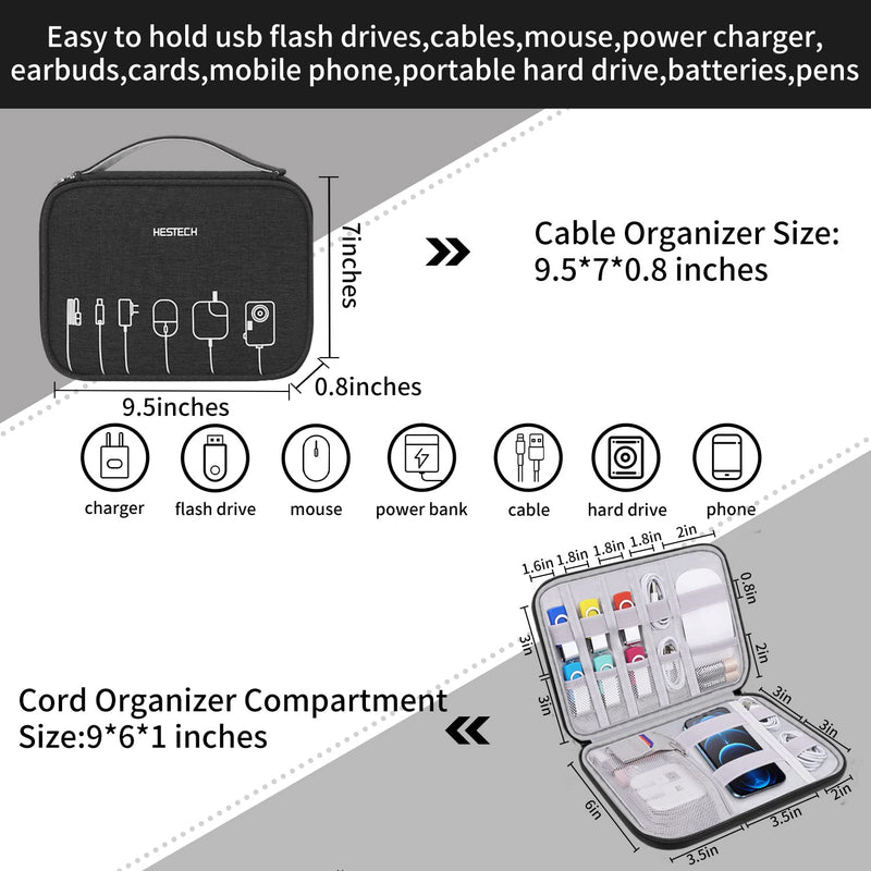  [AUSTRALIA] - HESTECH Cable Organizer Travel,Electronic Organizer Compact Travel Cord Tech Organizer Case Waterproof Travel Essentials for Charger,Phone,Hard DriveUSB,SD Card,Black L-Single Layer-9*6*1 Inches Black
