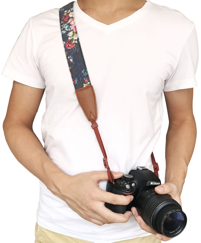  [AUSTRALIA] - Camera Strap Neck, Adjustable Vintage Floral Camera Straps Shoulder Belt for Women /Men,Camera Strap for Nikon / Canon / Sony / Olympus / Samsung / Pentax ETC DSLR / SLR Cowhide blue