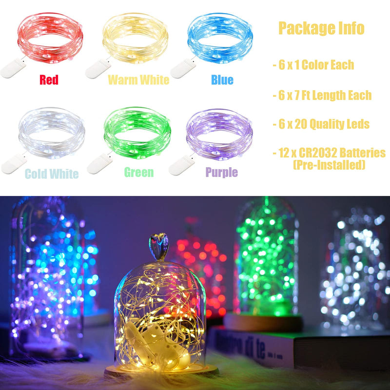  [AUSTRALIA] - 6 Pack Fariy Light Battery Operated, 6 Colors Fairy Lights 7 Ft, Multi Color Starry String Light with 120 LED for DIY, Mini Waterproof LED Light for Chrismas Party, Wedding, Bedroom Decor, Jars, Party With Battery 6 Colored