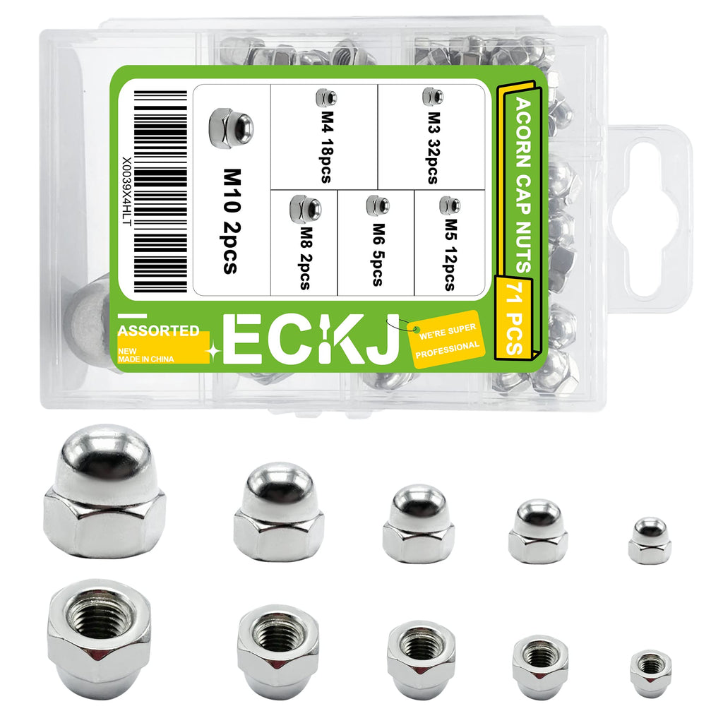  [AUSTRALIA] - ECKJ 71Pcs 6 Sizes 304 Stainless Steel Acorn Cap Nuts Assortment Kit M3 M4 M5 M6 M8 M10 Dome Cap Head Hex Nuts for Protection, Indoor and Outdoor