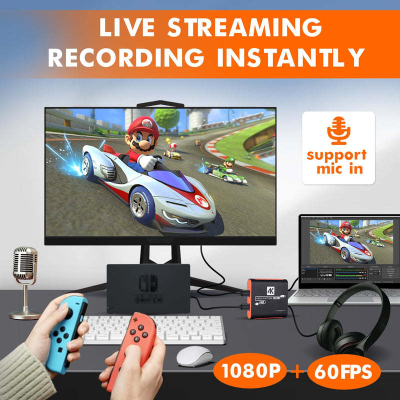  [AUSTRALIA] - Capture Card for Nintendo Switch with 4K Pass-Through, USB3.0 1080P 60FPS HDMI Video Cam Link Game Capture for Streaming, Work with Xbox PS4 PS5 PC DSLR for OBS Twitch Live Broadcasting and Recording