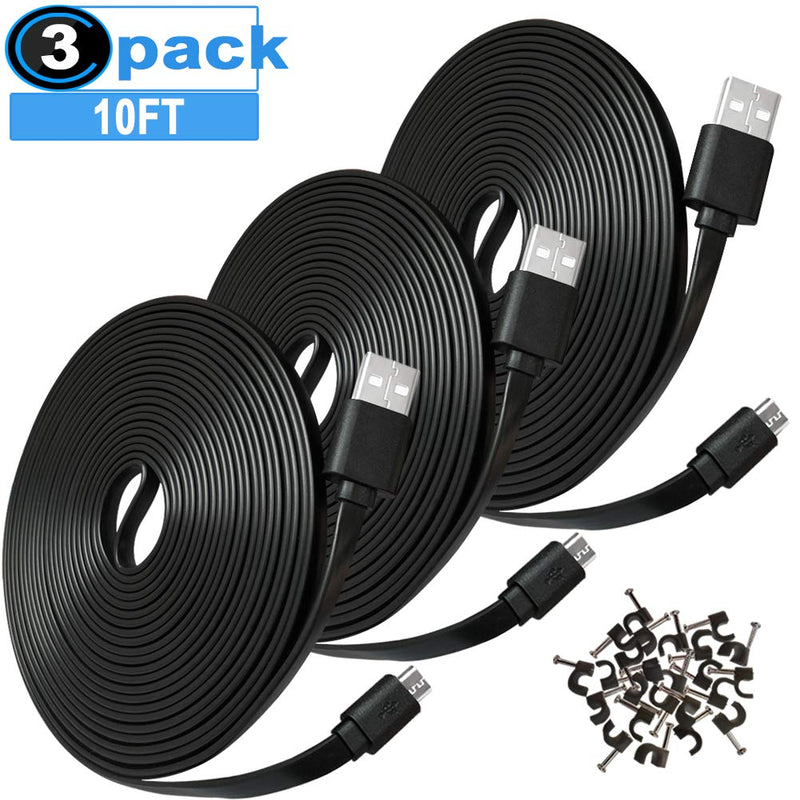  [AUSTRALIA] - 10FT Flat Power Extension Cable for Wyze Cam Pan,WyzeCam,Kasa Cam,YI Dome Home Camera,Furbo Dog,Nest Cam,Oculus Go,Blink,IP Cloud Camera,KasaCam Indoor,Netvue,PS4,Micro USB Charging Charger Cord 10ft Black