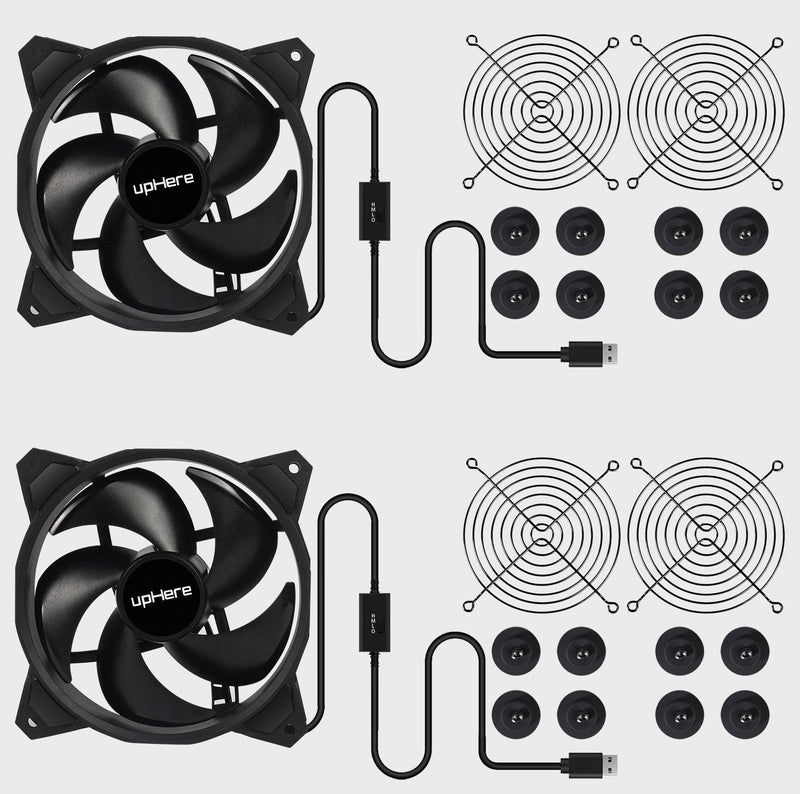  [AUSTRALIA] - upHere U120 USB fan, multi-speed control, with metal grill protection, case fan 120 mm for PC/TV box/receiver/AV cabin/PS4/router, U1204BK4-2, with desktop U1204 with 3 speed controllers