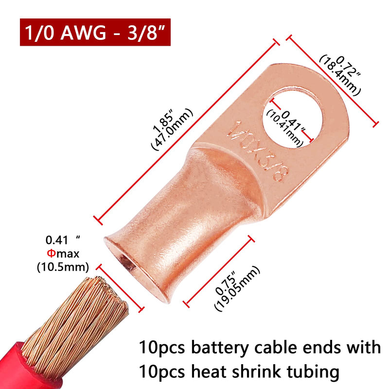  [AUSTRALIA] - TKDMR 10pcs 1/0 AWG-3/8" Battery Lugs,Heavy Duty Wire Lugs,Ring Terminals,Battery Cable Ends,0 Guage terminals,Battery Terminal Connectors with 10pcs 3:1 Heat Shrink Tubing 1/0 Awg - 3/8" (M10) Ring 10
