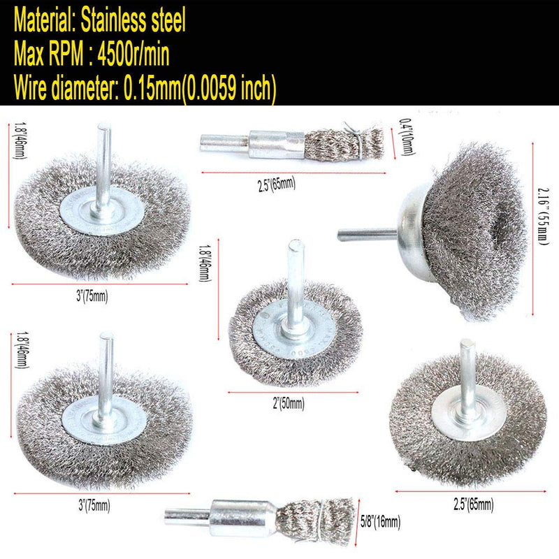  [AUSTRALIA] - FPPO Stainless Steel Wire Wheel Brush & Crimped Cup Brush Kit for Drill,Fine Wire Diameter 0.0059 Inch,for Rotary Tool with 1/4-Inch Shank,Removal of Rust,deburring,paint (7pcs)