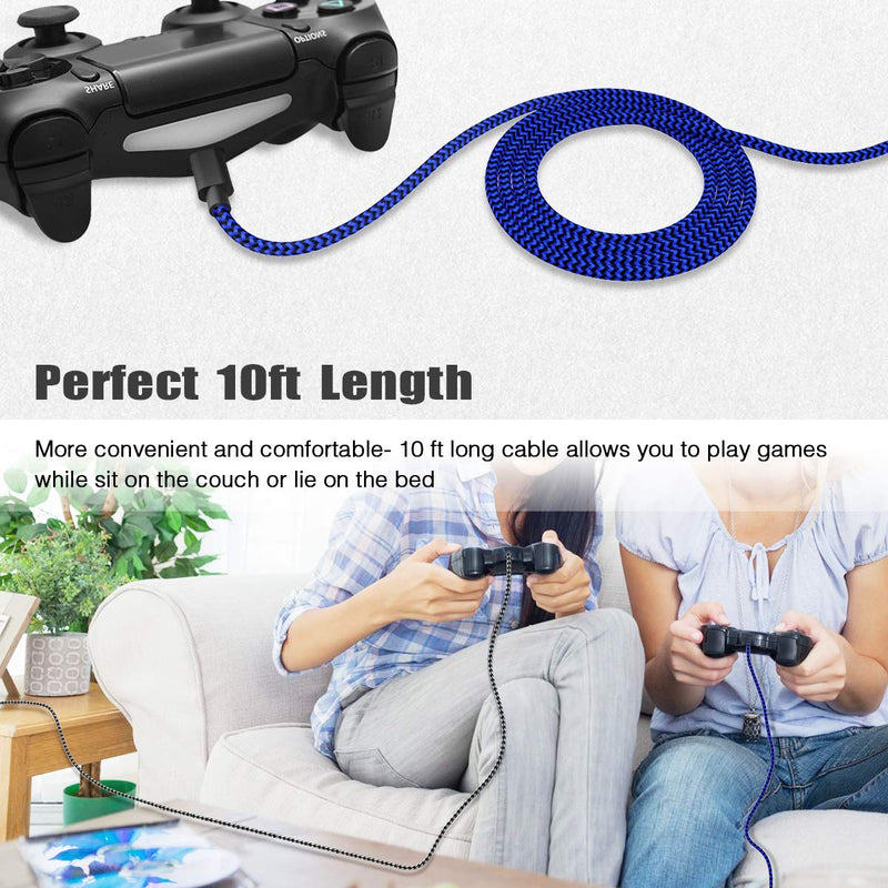  [AUSTRALIA] - PS4 Controller Charger Charging Cable 10ft 2 Pack Nylon Braided Extra Long Micro USB 2.0 High Speed Data Sync Cord Compatible for Playstaion 4, PS4 Slim/Pro, Xbox One S/X Controller, Android Phones Black-Blue