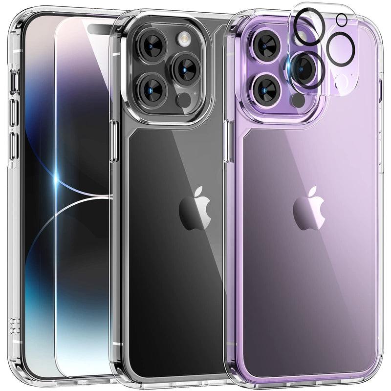  [AUSTRALIA] - TAURI [5 in 1] for iPhone 14 Pro Case Clear, [Not Yellowing] with 2X Tempered Glass Screen Protector + 2X Camera Lens Protector, [Military Grade Drop Protection] Shockproof Slim Phone Case 6.1 Inch Crystal Clear