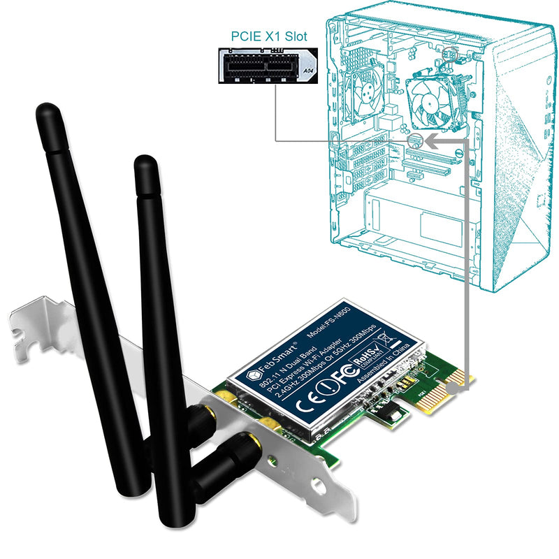  [AUSTRALIA] - FebSmart Wireless Dual Band N600 (2.4GHz 300Mbps or 5GHz 300Mbps) PCI Express Wi-Fi Adapter for Windows XP 7 8 8.1 10 Server System (32/64bit) Desktop PCs-2-Stream MIMO PCIE Wi-Fi Card (FS-N600)