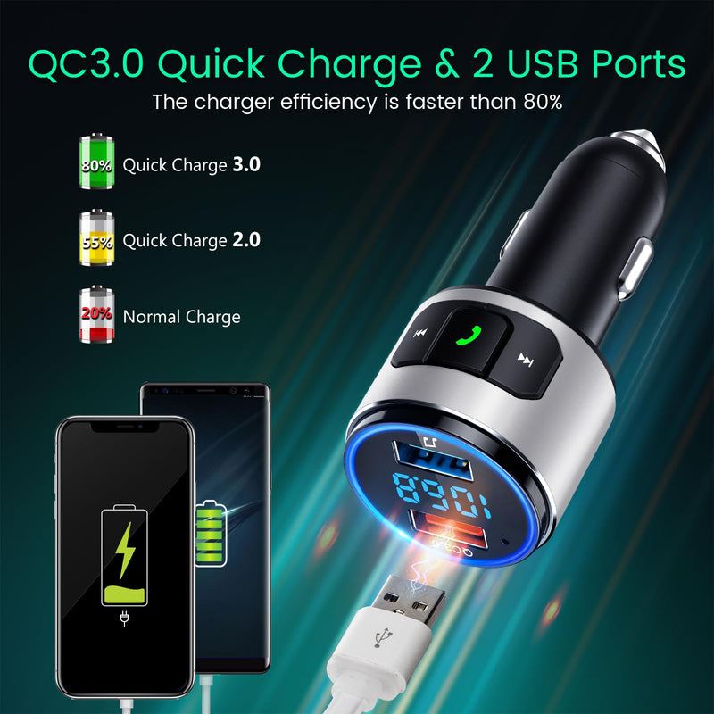  [AUSTRALIA] - Octeso Upgraded V5.0 FM Bluetooth Transmitter Car, QC3.0 & LED Backlit Wireless Bluetooth FM Radio Adapter Music Player/Car Kit with Hands-Free Calls, Siri Google Assistant-Silver Silver