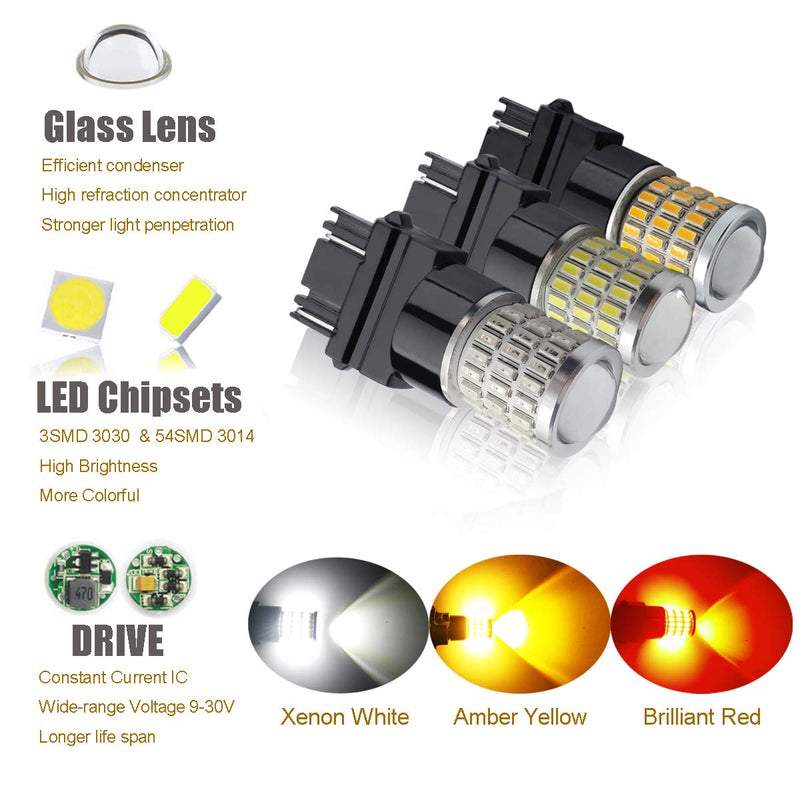 iBrightstar Newest 9-30V Super Bright Low Power 3156 3157 3057 4157 LED Bulbs with Projector Lenses Replacement for Front/Rear Turn Signal Blinker Lights or Brake Tail Parking Lights, Amber Yellow - LeoForward Australia