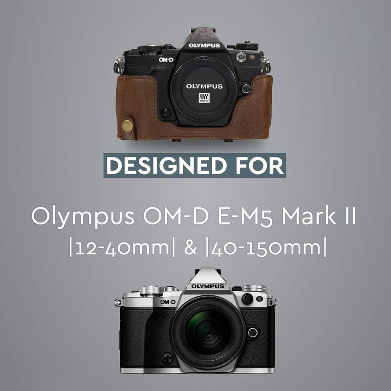  [AUSTRALIA] - MegaGear Ever Ready Leather Camera Case Compatible with Olympus OM-D E-M5 Mark II 40-150mm Dark Brown