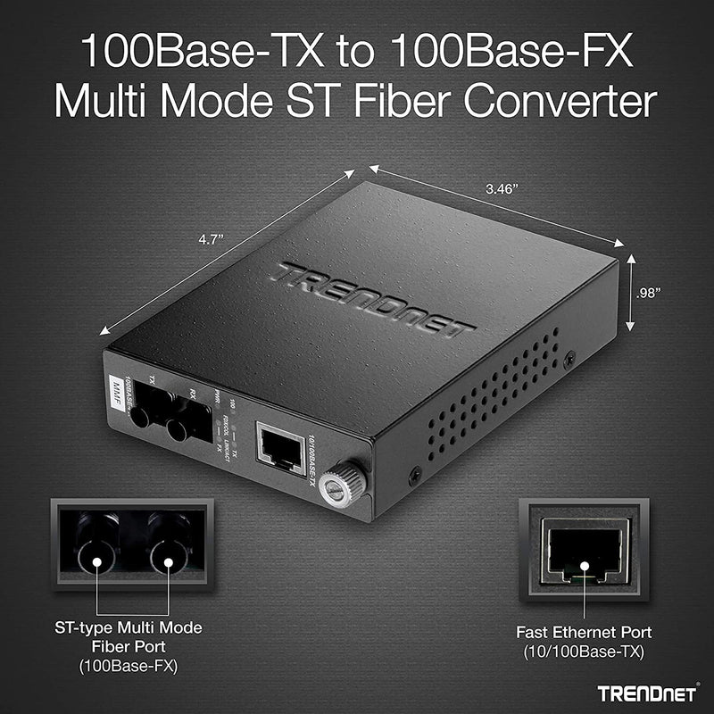  [AUSTRALIA] - TRENDnet 100Base-TX to 100Base-FX Multi Mode ST Fiber Media Converter, 2km (1.2 Miles), Auto-Negotiation, Auto-MDIX, Full-Duplex, Fiber to Ethernet Converter, Lifetime Protection, Black, TFC-110MST