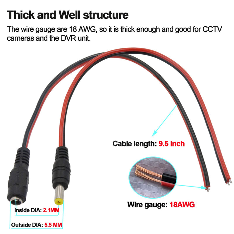  [AUSTRALIA] - (Real 18AWG 43x2pcs Copper Strands) 10 Pairs DC Power Pigtail Cable Wire, 12V 5A Male & Female Connectors for CCTV Security Camera and Lighting Power Adapter by MILAPEAK (2.1mm x 5.5mm, Ultra Thick)