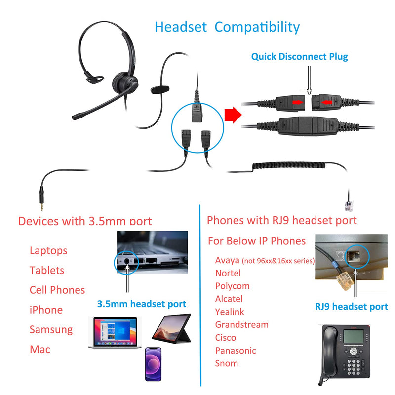  [AUSTRALIA] - MAIRDI Phone Headset with Noise Canceling Microphone, Call Center Office Headset with RJ9 Jack & 3.5mm Connector for Landline Deskphone Cell Phone PC Laptop, Telephone Headset Work for Polycom Monaural