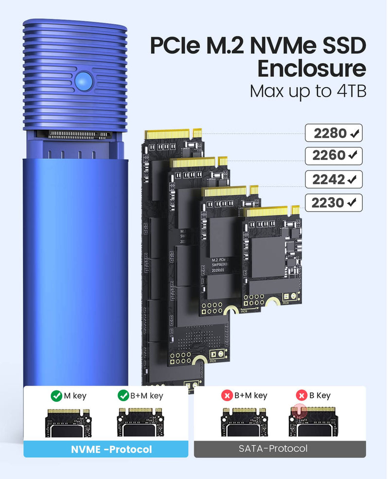  [AUSTRALIA] - ORICO Aluminum M.2 NVMe SSD Enclosure , Tool-Free 10Gbps USB C Adapter, USB 3.2 M.2 NVMe Reader, External SSD Case Thunderbolt 3 compatible, Supports 4TB 2230/2242 /2260/2280 PCIe M-Key SSDs-BL(G2A) Blue-C to A cable