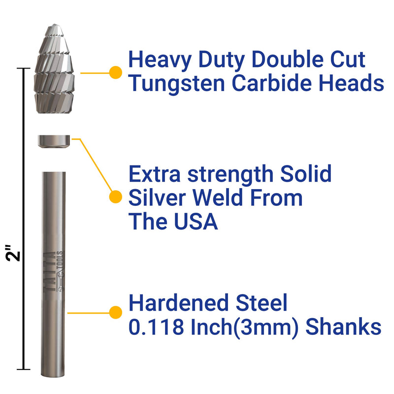 10PC Double Cut Carbide Burr Set 0.118" (3mm) Shank, Rotary Tool Bits Cutting Burrs - Dremel Accessories Fordom, Flex Shaft, Dewalt And Die Grinders - Wood Carving bits Metal Working And Engraving - LeoForward Australia