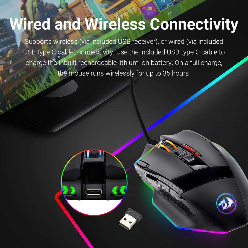  [AUSTRALIA] - Redragon M801 PC Gaming Mouse LED RGB Backlit MMO 9 Programmable Buttons Mouse with Macro Recording Side Buttons Rapid Fire Button for Windows Computer Gamer (Wireless, Black) Wireless