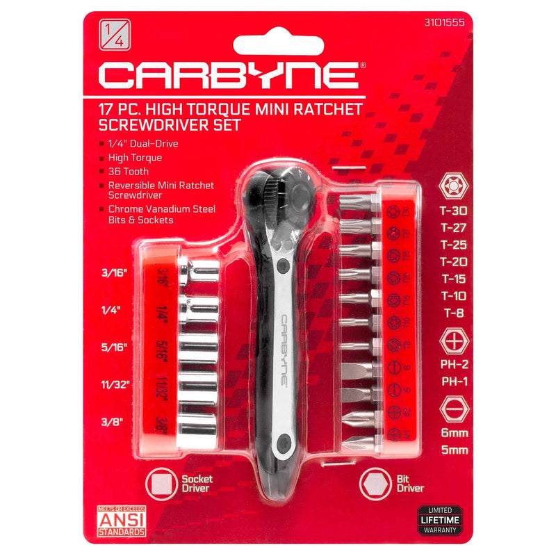  [AUSTRALIA] - CARBYNE 17 Piece Right Angle 1/4-Inch Dual-Drive Head Mini Ratchet Wrench Screwdriver, Bit Set & Sockets | CR-V Steel