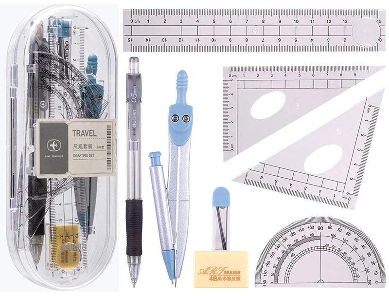 {Updated Version}8pcs Math Geometry Kit Set,Student Supplies Drawing Pencil Compass Includes Protractor Rulers Compass Pencil Lead Refills Eraser Model II - LeoForward Australia