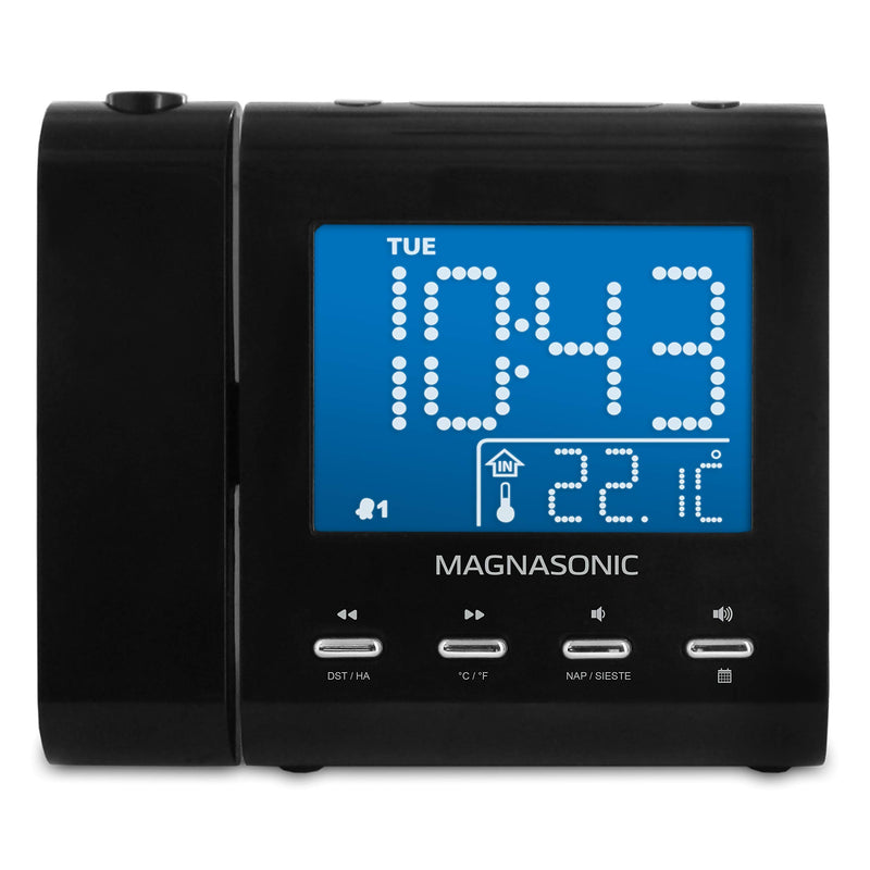  [AUSTRALIA] - Magnasonic Projection Alarm Clock with AM/FM Radio, Battery Backup, Auto Time Set, Dual Alarm, Nap/Sleep Timer, Indoor Temperature/Date Display with Dimming & 3.5mm Audio Input - Black (EAAC601) Black Body