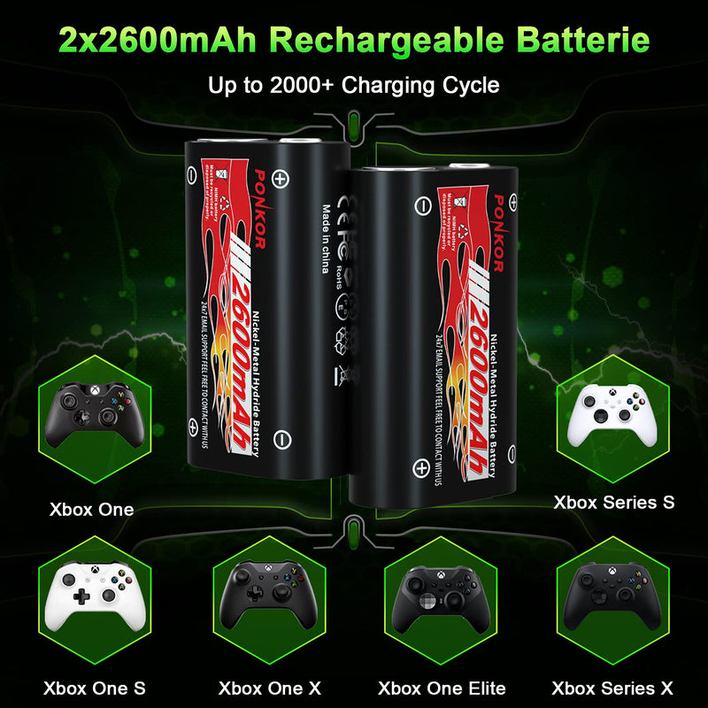  [AUSTRALIA] - Ponkor Battery Xbox with High-Speed Charger, 2x2600mAh Xbox Rechargeable Battery Pack for Xbox Series X|S/Xbox One/Xbox One S/Xbox One X/Xbox One Elite Wireless Controller