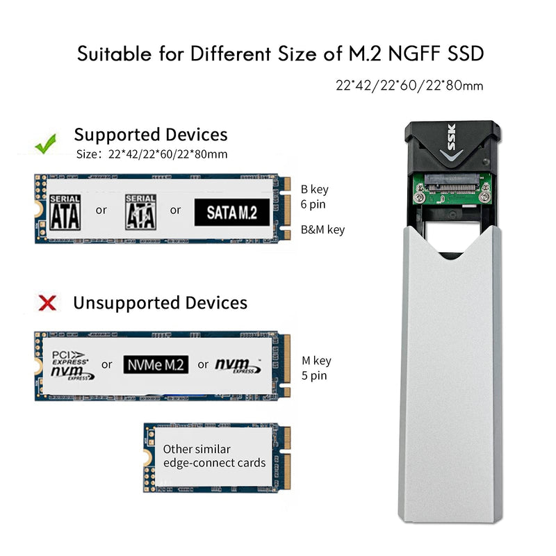  [AUSTRALIA] - SSK Aluminum USB 3.1 to M.2 NGFF SSD Enclosure Adapter, External M.2 SATA Solid State Drive Enclosure Reader with UASP, Support NGFF M.2 2280 2260 2242 SSD with Key B/Key B+M (SATA Based)