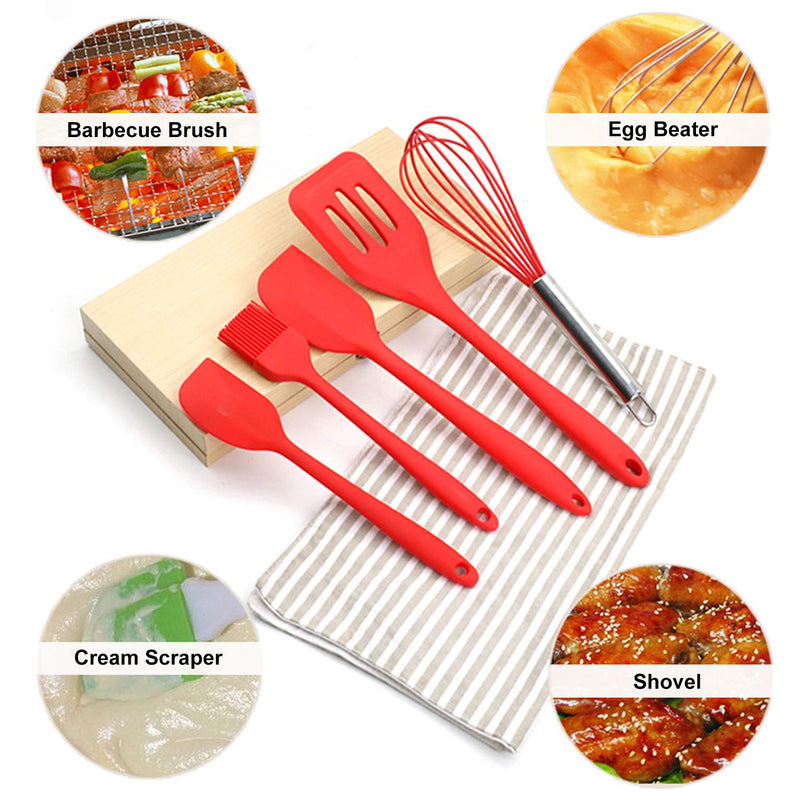  [AUSTRALIA] - Silicone Cook Utensils, 5 Piece Kitchen Cooking Set, Includes Silicone Turner, Large Spatula, Small Spatula, Basting Brush, Whisk (Red) Red Set