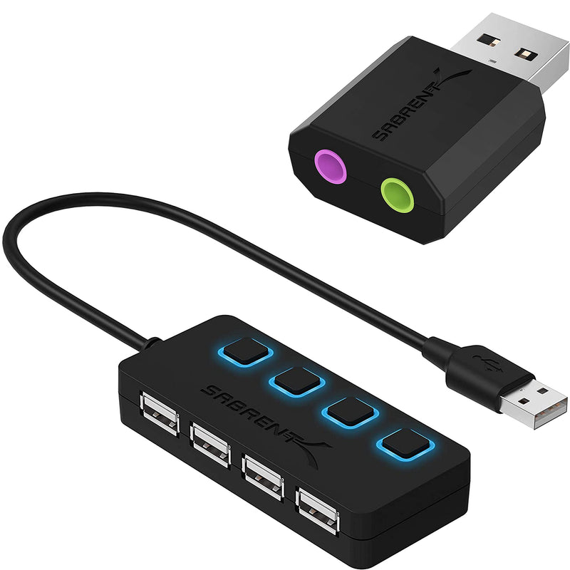  [AUSTRALIA] - 4-Port USB 2.0 Data Hub with Individual LED lit Power Switches with USB External Stereo Sound Adapter for Windows and Mac