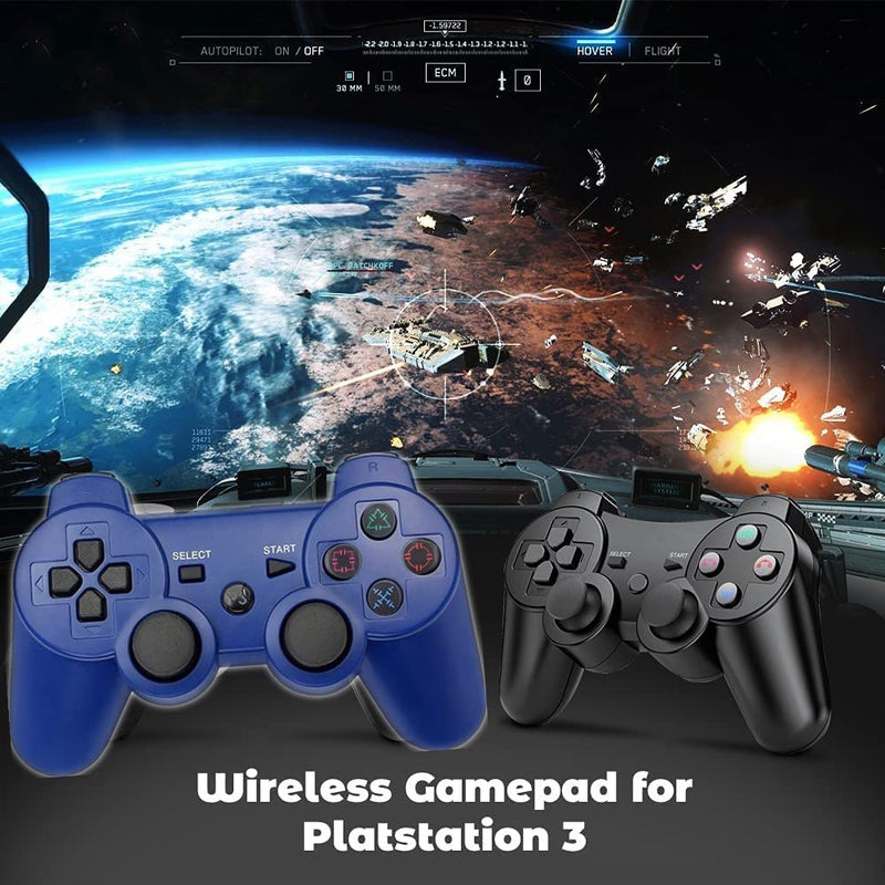  [AUSTRALIA] - PS-3 Wireless Controller 2 Pack PS-3 Gamepad PS-3 Remote Wireless PS-3 Controller Double Shock Compatible with Playstation 3 with Charging Cable (Black+Blue) Black+Blue