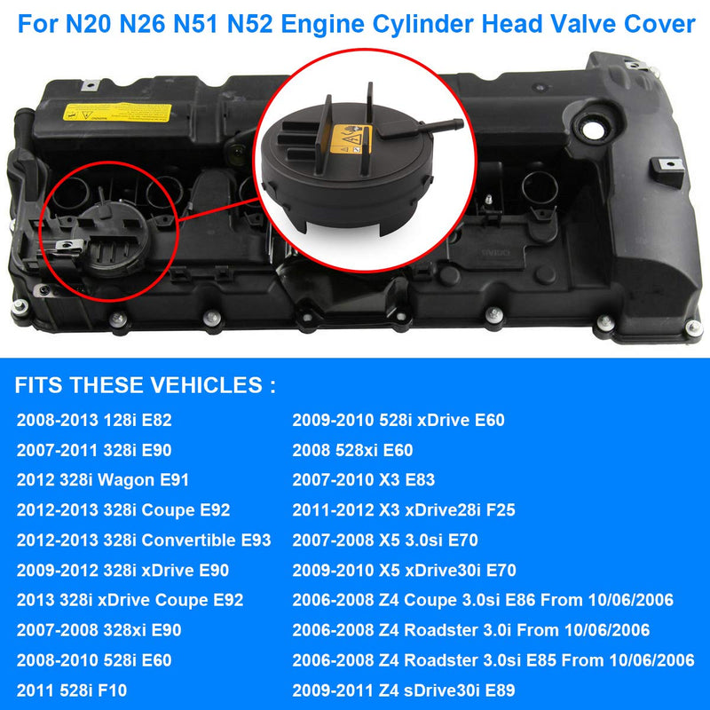 PCV Engine Cylinder Head Valve Cover, Replace 11127552281 Compatible with BMW N52 Engine E70, E82, E90 - 2008-2013 128i, 2007-2013 328i, 2008-2011 528i, 2007-2012 X3, 2007-2010 X5, 2006-2011 Z4 - LeoForward Australia