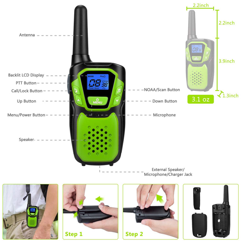  [AUSTRALIA] - Walkie Talkies for Kids, Funny Talking Toy for 3-12 Years Old Boys and Girls, Easy to Use Rechargeable Walky Talky Christmas Birthday Gifts for Hiking Camping Trip Adventure (Green 2 Pack) pack of 2
