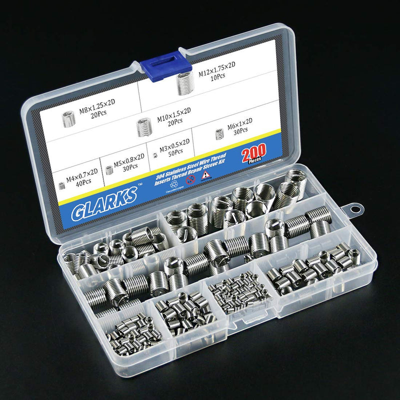  [AUSTRALIA] - Glarks 200Pcs Wire Inserts Screws Sleeve Assortment Kit, 304 Stainless Steel Metric M3 M4 M5 M6 M8 M10 M12 Wire Thread Inserts Helical Type Coiled Wire Screw Repair Sleeve for Automotive Repairs