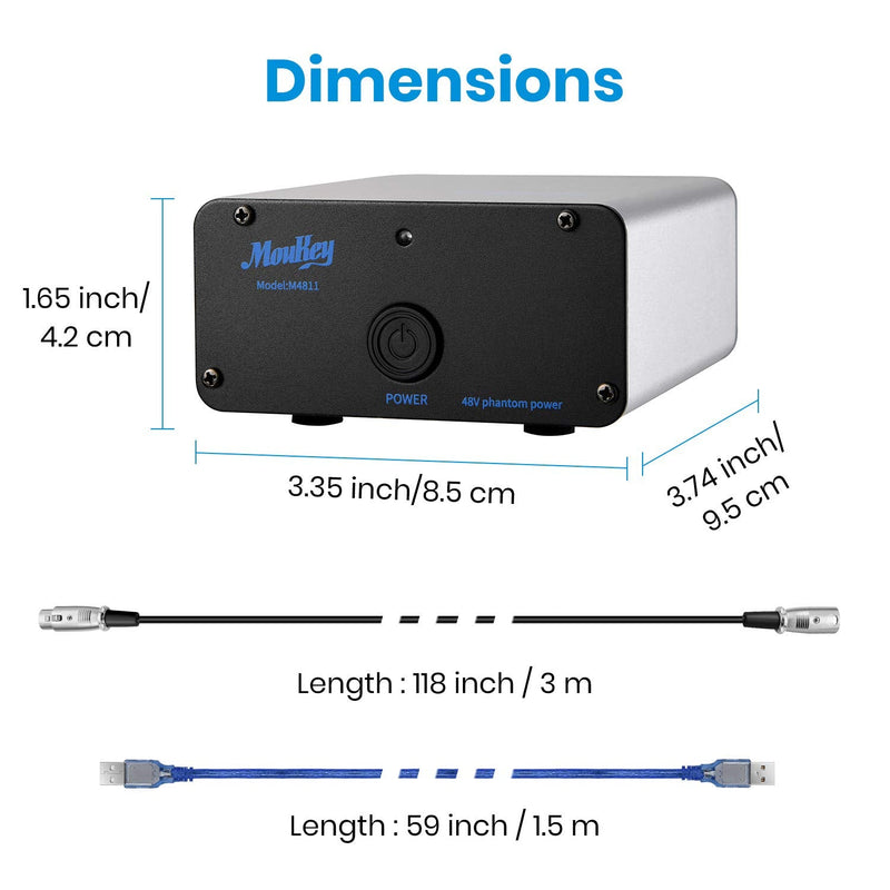  [AUSTRALIA] - Moukey Phantom Power Supply,1-Channel,48V with New USB Charging Capability, 10 Feet XLR Cable and Adapter for Any Condenser Microphone Music Recording Device-New Version