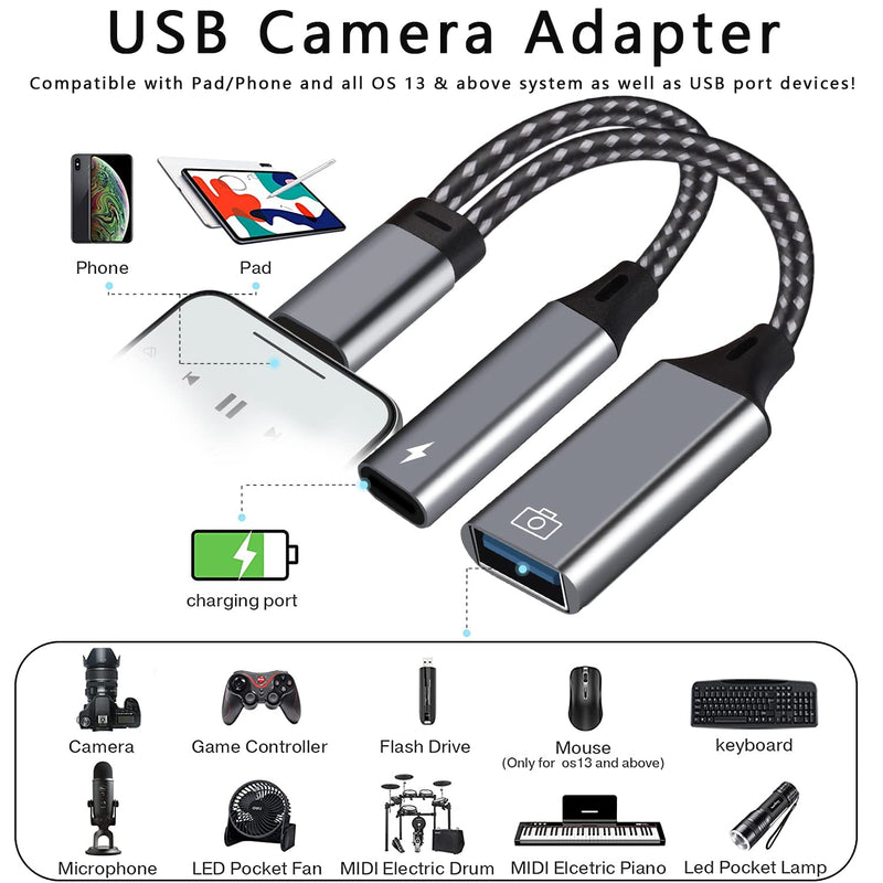  [AUSTRALIA] - USB Camera Adapter with Fast Charging Port, USB OTG Adapter for i-Phone/i-Pad, Card Reader/USB Flash Drive/Keyboard/Mouse, Plug and Play, No APP Required, Y Shape USB A 3.0 Female Adapter, 5V/2A