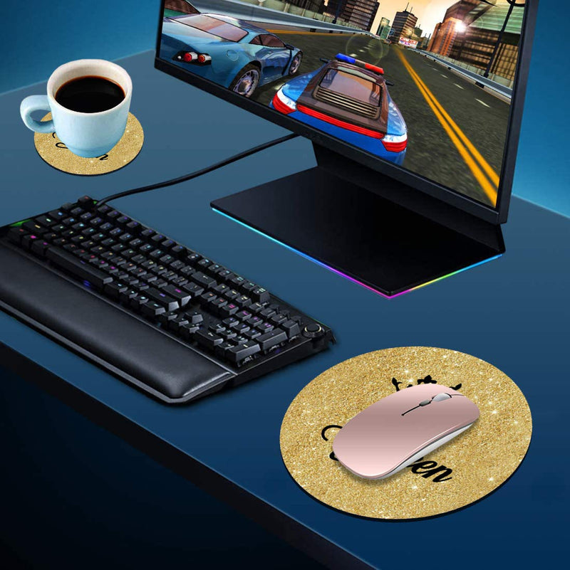 Round Mouse Pad with Coasters Set, Gold Glitter Quotes Crown Queen Design Mouse Pad, Non-Slip Rubber Base Mouse Pads for Laptop and Computer Office Accessories - LeoForward Australia