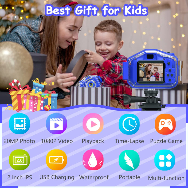  [AUSTRALIA] - DEKER Kids Waterproof Camera for 3-12 Year Old Boys Christmas Birthday Gifts Toys Children Mini Underwater Digital Action Camcorder, 2 Inch IPS Screen with 32GB Card (Dark Blue) Dark Blue