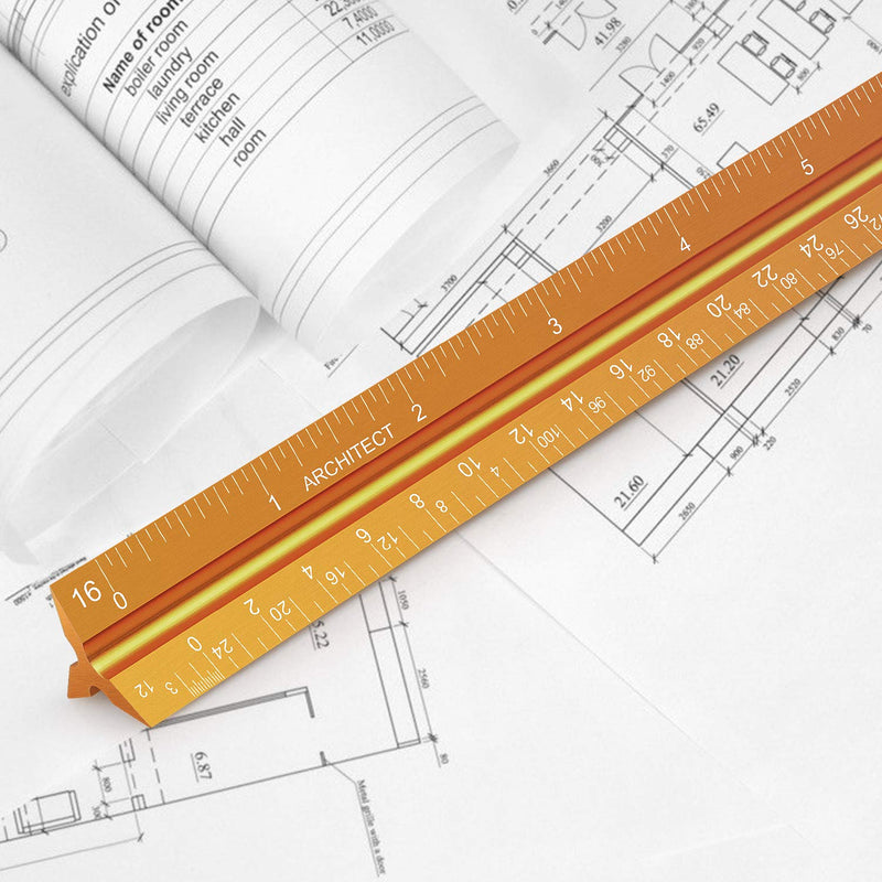  [AUSTRALIA] - 12" Architectural Scale Ruler Aluminum Architect Scale Triangular Scale Ruler for Architects, Draftsman, Students and Engineers, Golden